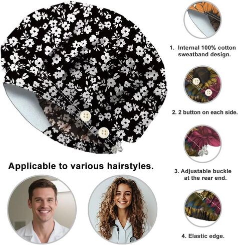 Bouffant Scrub Caps Cotton Nurse Scrub Hats With Button and Sweatband Adjustable Surgical Working Caps in Saudi Arabia