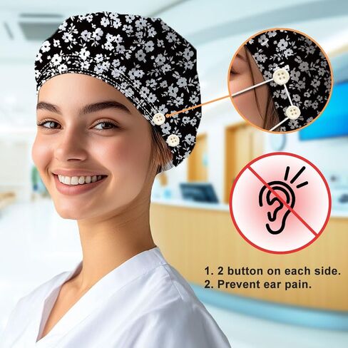 Bouffant Scrub Caps Cotton Nurse Scrub Hats With Button and Sweatband Adjustable Surgical Working Caps in Saudi Arabia
