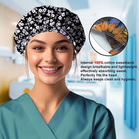 Bouffant Scrub Caps Cotton Nurse Scrub Hats With Button and Sweatband Adjustable Surgical Working Caps in Saudi Arabia