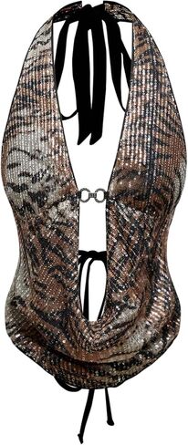 Verdusa Women's Cheetah Print Sequin Top Y2K Tie Back Corset Halter Going Out Tops Tiger X-Large in Saudi Arabia