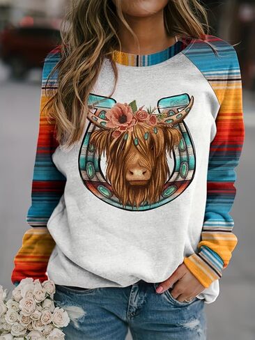 Womens Vintage Animal Print Long Sleeve Sweatshirt Lightweight Western Ethnic Crewneck Pullover Top in Saudi Arabia