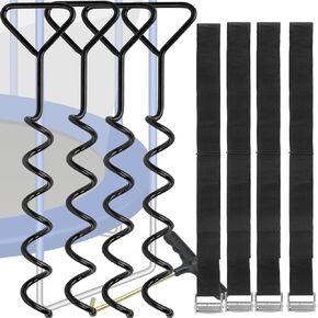 Trampoline Stakes Anchors High Wind Heavy Duty,Trampoline Parts Tie Down Kit,Corkscrew Shape Steel Stakes Anchor Kit with T Hook for Trampolines,Spiral Ground Stakes -Set of 4
