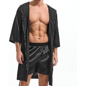 AMY COULEE Mens Silk Robe with Shorts 2 Pcs Satin Boxers Hooded Bathrobe Sexy Pajama Set Half sleeve Sleepwear