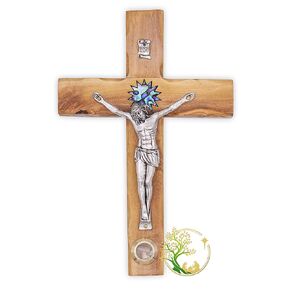 صليب جداري خشبي من خشب الزيتون منحوت يدويًا - صليب مع نجمة بيت لحم اللؤلؤة. صُنع في الأرض المقدسة على يد حرفيين مسيحيين. هدية مثالية للتعميد والمعمودية والتواصل الأول in Kuwait