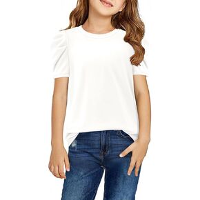 storeofbaby Girls Puff Short Sleeve Shirts Round Neck Tunic Tops Casual Solid Blouses 5-14 Years