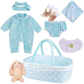 BABESIDE 8 Pcs Reborn Baby Doll Clothes with Bassinet for 17-22 Inch Baby Dolls, Baby Doll Clothing Outfit Accessories fit Newborn Baby Doll Girl Boys (Blue)
