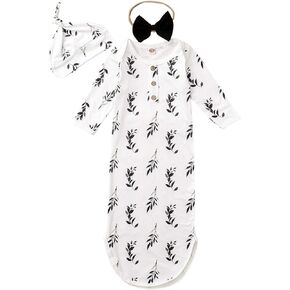 Infant Baby Girl Boy Cotton Sleeper Gown Knotted Pajamas Newborn Sleepwear Sleeping Bag with Headband&Hat (0-6Months, Leaves)