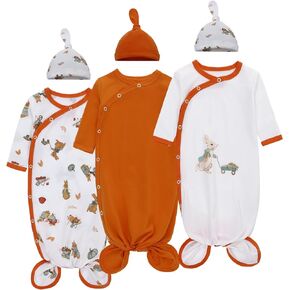 LAT LEE AND TOWN Newborn Baby Knotted Gowns with Hat Set 3 Pack Infant Outfit Sleepers Gown Home Outfits Set (cole duck, S)