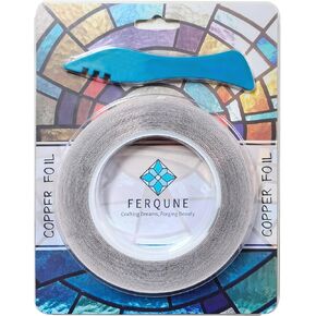 FERQUNE 1/4 Inch Black Backed Copper Foil Foil Tape for Stained Glass, 2 Rolls, 1 Burnisher