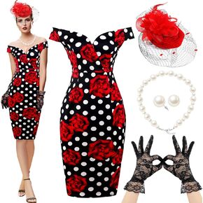 5 Pcs Women's Vintage Polka Dot Dress Retro Pencil Dress Floral Spring Costume for Tea Party Cocktail