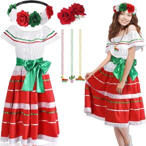 6 Pcs Mexico Cinco De Mayo Fiesta Costume Women Traditional Mexican Dress Cultural Fiesta Dress Mexican Headpiece
