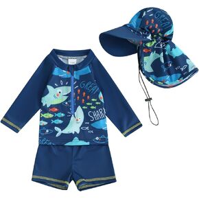 BULINGNA Kid Toddler Baby Boy Two Piece Long Sleeve Rash Guard Set Turtle Shark Bathing Suit with Hat UPF 50+ Summer Swimwear