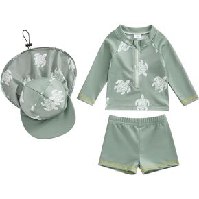 3-Piece Toddler Infant Baby Boys Swimsuit Set Long Sleeve Rash Guard Swimwear Shorts Kids Bathing Suit with Hat