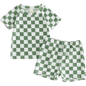 Toddler Boy Two Piece Swimsuit Checkered Short Sleeve top Trunk Rashguard Swimwear Boy Sun Protection Beach Clothing