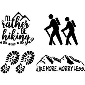 Hiking Decal 4 Pack: I’d Rather Be Hiking, Hike More Worry Less, Boot Prints, Hikers (White, Small ~3.5")