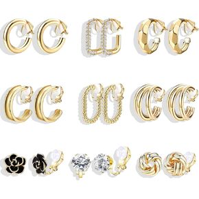 9 Pairs Clip On Earrings for Women Gold Hoop Earrings Chunky Gold Earrings Ear Cuffs Non Pierced Earrings Geometric Earrings Jewelry Gifts for Teen Girls