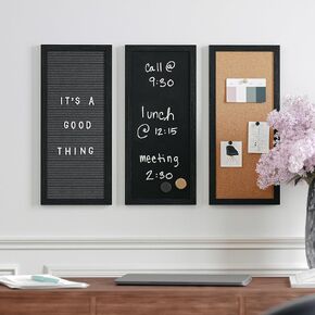 Martha Stewart Everette Cork Board, Chalk Board, Letter Board Set with Included Push Pins, Magnets, Liquid Chalk, Letters, 18" x 24", Black Woodgrain Frame