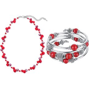 PEARL&CLUB Short Red Beaded Necklace Wrap Bangle Bracelet Set