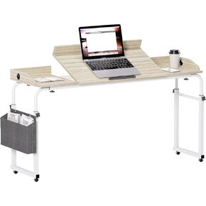 sogesfurniture فوق طاولة السرير بعجلات، طاولة فوق السرير قابلة للتعديل بارتفاع 60 بوصة مع سطح طاولة قابل للإمالة وحقيبة تخزين جانبية، طاولة مستشفى متنقلة فوق السرير للاستخدام المنزلي، خشب القيقب in Kuwait