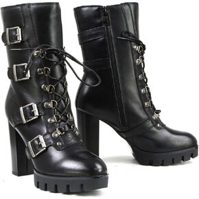 Milwaukee Leather MBL9459 Women's Premium Black Leather Buckles Platform Fashion Boots with Lace-Up Closure - 6