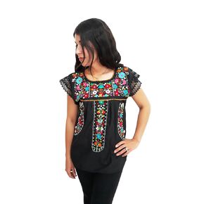 Mexican Blouse Handmade Embroidered With Flowers Pattern And Lace Sleeves (L)