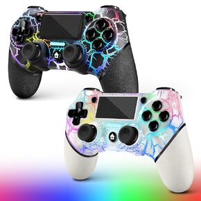 2 Pack Wireless Controller for PS4，3.5mm Audio and Turbo Function,White and Black Crack Custom Design V2 Gamepad Joystick for PS4, Compatible with PS4, Slim, Pro and PC