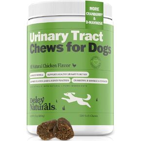Deley Naturals Dog UTI الوقاية - 120 مضغ ناعم خالٍ من الحبوب - دعم سلس البول والمثانة والكلى والجهاز المناعي - حبوب التوت البري - د-مانوز وإشنسا - صنع في الولايات المتحدة الأمريكية - نكهة الدجاج الطبيعية