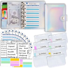 A7 Binder Soft PVC with Bubble 6-Ring Mini Binder, with Mini Binder Pockets x8 Zipper Envelopes, Budget Sheets x12, Cash Envelope Sticker x42, Label Sticker x12, Harphia 146F-A7 Bubble