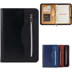 Marte Vanci A5 Padfolio with Calculator PU Leather Business Portfolio Zippered Conference Folder Organizer 6 Ring Lined Notebook Binder Loose Leaf Refillable Travel Journal Gift for Men (Blue)