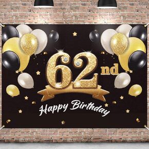 Happy 62nd Birthday Banner Backdrop - 62 Birthday Party Decorations Supplies for Men - Black Gold 4 x 6ft