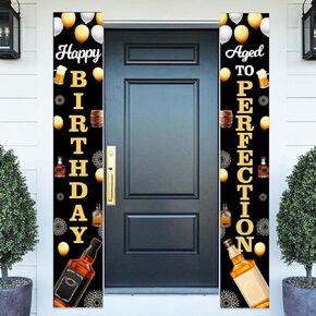 Happy Birthday & Aged to Perfection Banner Retro Black and Gold Whiskey Themed Decor Decorations for Front Door Porch Men 30th 40th 50th 60th 70th 80th 90th 100th Birthday Anniversary Party Supplies