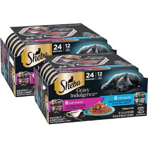 Sheba Gravy Indulgence Adult Wet Cat Food (24 Count, 48 Servings), Salmon Entrée in Extra Gravy and White Fish Entrée in Extra Gravy Variety Pack, Easy Peel Twin-Pack Trays