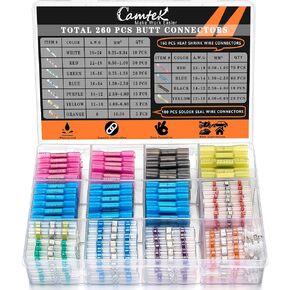 260PCS Heat Shrink Butt Connectors, Camtek 100PCS Solder Seal Wire Connectors & 160PCS Heat Shrink Butt Crimp Connectors Waterproof Electrical Terminals Assorted Wire Connectors Kit, 26-8 AWG