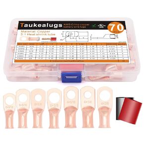 70PCS Battery Terminal Connectors Cable Ends,UL Listed AWG8-4 Crimp Copper Wire Ring lugs with 3:1 Heat Shrink Tubing Assortment Kit