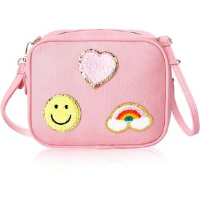 Pink Preppy Purse Little Girls Crossbody Bag with Smiling Face Chenille Rainbow Heart Sign Bag Adjustable Straps Design Preppy Purse Accessories for Little Girl Teenager Students