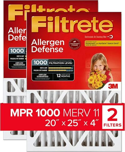 Filtrete 16x25x4 Air Filter, MPR 1000, MERV 11, Allergen Defense 12-Month Deep Pleated 4-Inch Air Filters, 2 Filters, White in Saudi Arabia