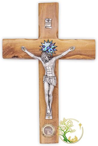 صليب جداري خشبي من خشب الزيتون منحوت يدويًا - صليب مع نجمة بيت لحم اللؤلؤة. صُنع في الأرض المقدسة على يد حرفيين مسيحيين. هدية مثالية للتعميد والمعمودية والتواصل الأول in Kuwait