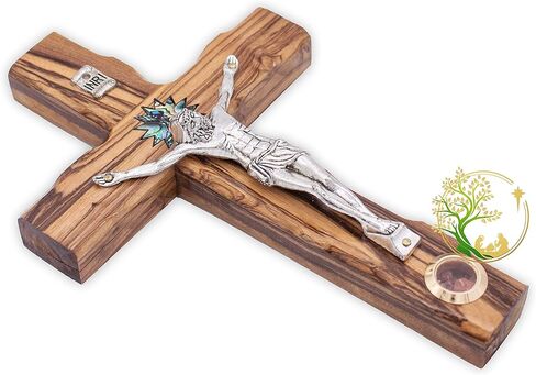 صليب جداري خشبي من خشب الزيتون منحوت يدويًا - صليب مع نجمة بيت لحم اللؤلؤة. صُنع في الأرض المقدسة على يد حرفيين مسيحيين. هدية مثالية للتعميد والمعمودية والتواصل الأول in Kuwait