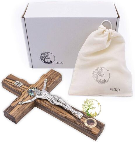 صليب جداري خشبي من خشب الزيتون منحوت يدويًا - صليب مع نجمة بيت لحم اللؤلؤة. صُنع في الأرض المقدسة على يد حرفيين مسيحيين. هدية مثالية للتعميد والمعمودية والتواصل الأول in Kuwait