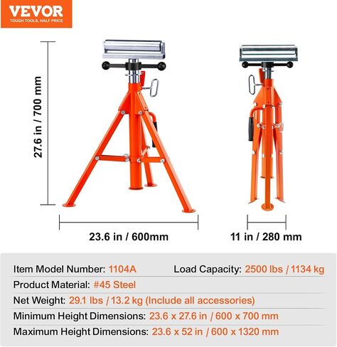 VEVOR Roller Stand, Heavy Duty 2500 LBS Load Capacity Tool Stand - 28"-52" Height Adjustable - Foldable Space-Saving Design - for Woodworking and Metalworking Long Boards, Metal Pipes or Bars in Saudi Arabia