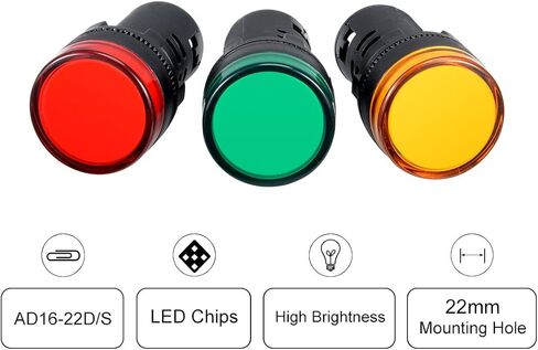 uxcell 4 قطع أحمر أخضر أصفر ضوء مؤشر تيار متردد/تيار مستمر 12 فولت، حامل لوحة 22 مم، للوحة التحكم الكهربائية، HVAC، مشاريع DIY in Kuwait