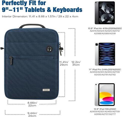 MoKo 9-11 Inch Tablet Bag, 360° Protective Carrying Case Fits iPad Air 5/4th 10.9, iPad Pro 11 inch, iPad 9/8/7th 10.2, iPad 10th Gen 10.9, with Multi-Pockets, Shoulder Strap & Earphone Port, Indigo in Saudi Arabia