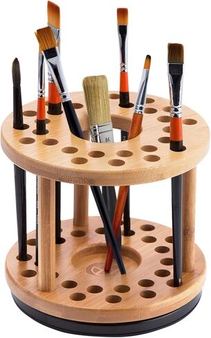 J JACKCUBE DESIGN 360 Rotating Paint Brush Holder Bamboo Watercolor Artist Brush Water Coloring Organizer Display Stand Tray Rack with 27 Holes and 1 Big Hole – MK441A in Saudi Arabia