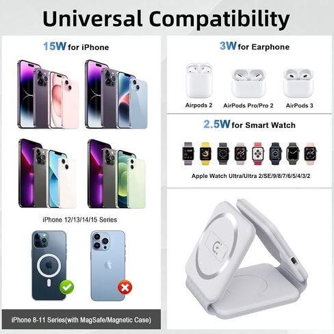 3 in 1 Wireless Charger for Apple,Magnetic Foldable 3 in 1 Charging Station,Travel Charger for Multple Devices for iPhone 15/14/13/12 Series,Apple Watch All Series，Airpods(Adapter not Included) in Saudi Arabia
