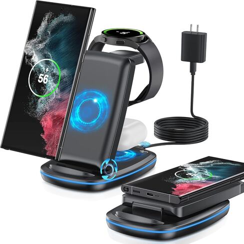 شاحن لاسلكي 3 في 1، محطة شحن سريعة قابلة للطي متوافقة مع Samsung Galaxy Watch 6 classic/6/5 Pro/5/4/3، S23 S23+ S22 S22+ S21 S20 Ultra FE/Note 20 10 9/ Z Flip Fold 4 3 2، براعم/2/برو/لايف in Saudi Arabia