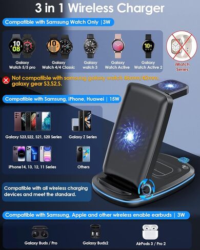 شاحن لاسلكي 3 في 1، محطة شحن سريعة قابلة للطي متوافقة مع Samsung Galaxy Watch 6 classic/6/5 Pro/5/4/3، S23 S23+ S22 S22+ S21 S20 Ultra FE/Note 20 10 9/ Z Flip Fold 4 3 2، براعم/2/برو/لايف in Saudi Arabia
