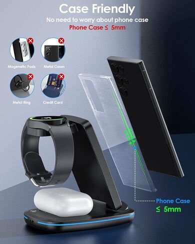 شاحن لاسلكي 3 في 1، محطة شحن سريعة قابلة للطي متوافقة مع Samsung Galaxy Watch 6 classic/6/5 Pro/5/4/3، S23 S23+ S22 S22+ S21 S20 Ultra FE/Note 20 10 9/ Z Flip Fold 4 3 2، براعم/2/برو/لايف in Saudi Arabia