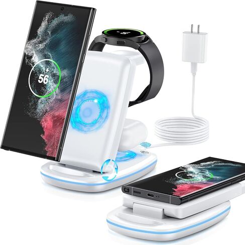 شاحن لاسلكي 3 في 1، محطة شحن سريعة قابلة للطي متوافقة مع Samsung Galaxy Watch 6 classic/6/5 Pro/5/4/3، S23 S23+ S22 S22+ S21 S20 Ultra FE/Note 20 10 9/ Z Flip Fold 4 3 2، براعم/2/برو/لايف in Kuwait