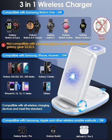 شاحن لاسلكي 3 في 1، محطة شحن سريعة قابلة للطي متوافقة مع Samsung Galaxy Watch 6 classic/6/5 Pro/5/4/3، S23 S23+ S22 S22+ S21 S20 Ultra FE/Note 20 10 9/ Z Flip Fold 4 3 2، براعم/2/برو/لايف in Kuwait