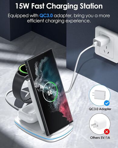 شاحن لاسلكي 3 في 1، محطة شحن سريعة قابلة للطي متوافقة مع Samsung Galaxy Watch 6 classic/6/5 Pro/5/4/3، S23 S23+ S22 S22+ S21 S20 Ultra FE/Note 20 10 9/ Z Flip Fold 4 3 2، براعم/2/برو/لايف in Kuwait